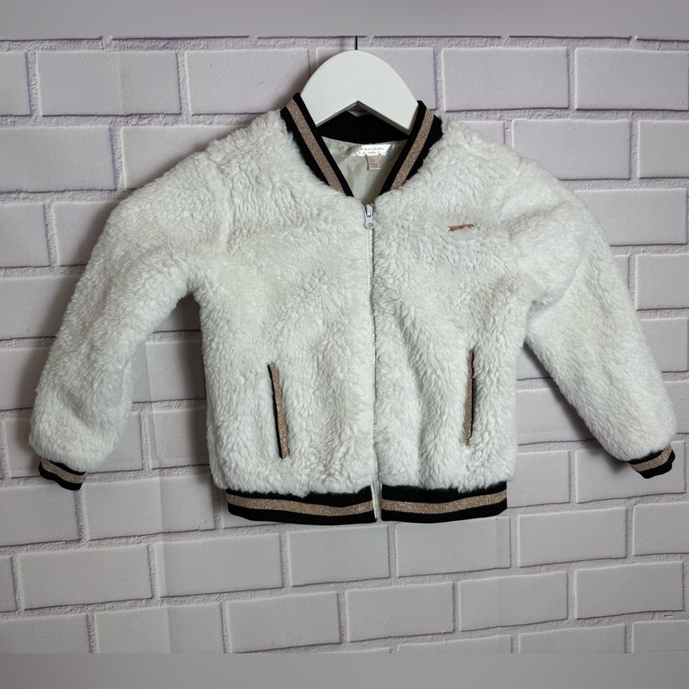 Tahari Baby Girl Sherpa Bomber Jacket Size 3T, White & Gold Trim